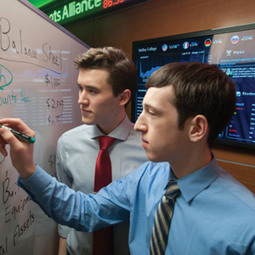 Accounting students using a whiteboard