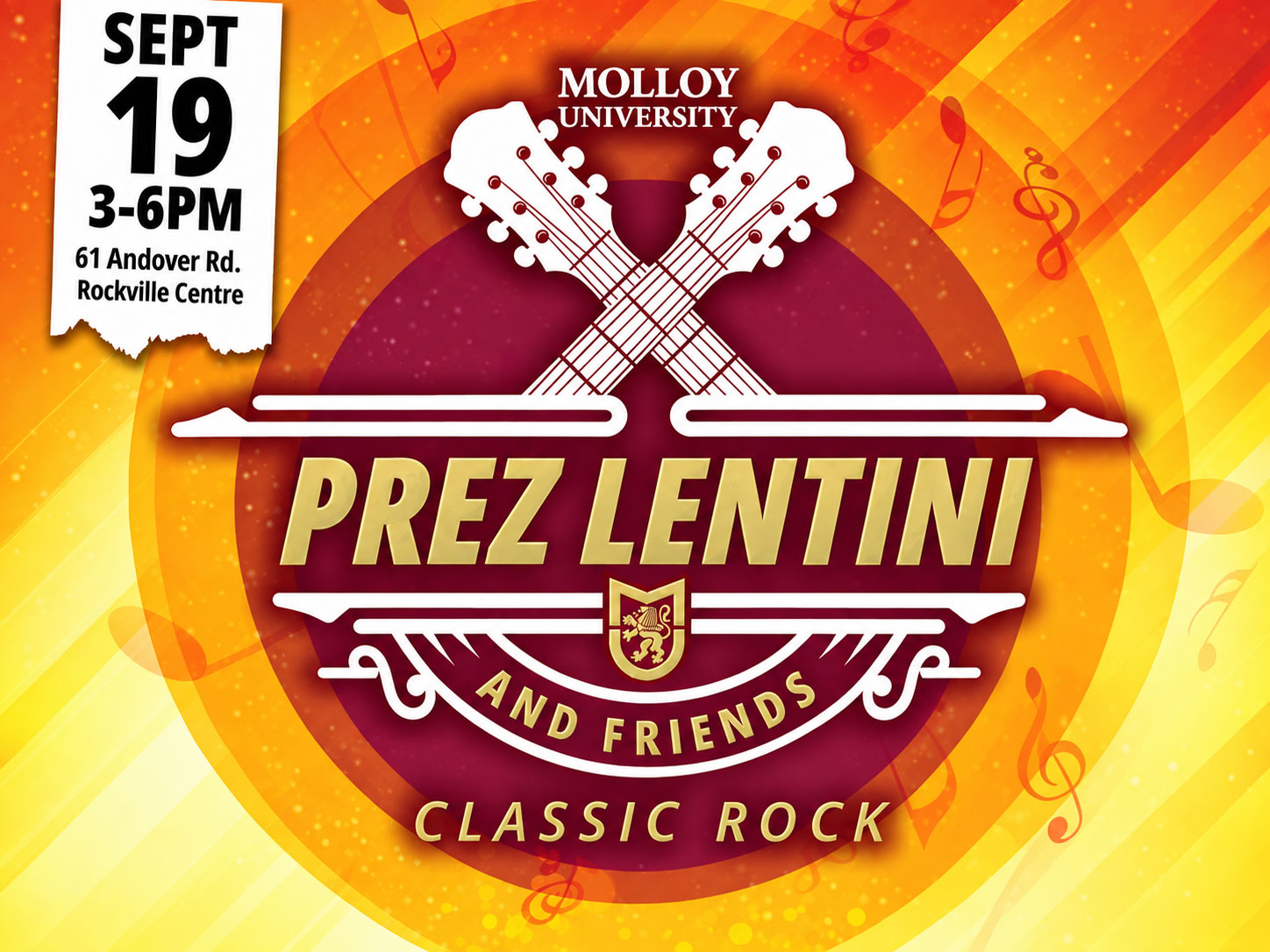 Colorful Molloy University Prez Lentini and Friends classic rock event graphic with crossed guitars, date, time, and venue details.