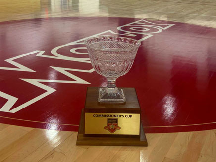 Molloy Commissioners Cup displayed on court in Quealy Gym