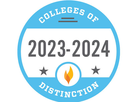 Blue circular badge with "Colleges of Distinction 2023-2024" text. Features a central flame icon and two star symbols, conveying achievement.