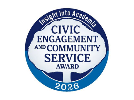 A blue and white circular logo for the "Civic Engagement and Community Service Award 2026" with "Insight Into Academia" at the top, featuring a tree silhouette.