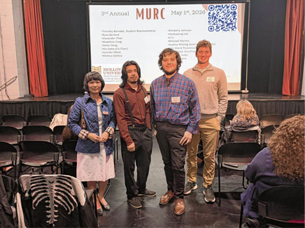 Professor Helen Dang, left, with Molloy University computer science students Abner Rivera, Liam Fleck, and John Takach during the spring 2026 semester,