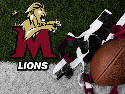 Football, flag belts, and a team logo with a roaring lion and the letter "M" above the word "LIONS" on a turf field.