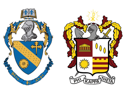 Theta Phi Alpha and Phi Kappa Theta greek life crests