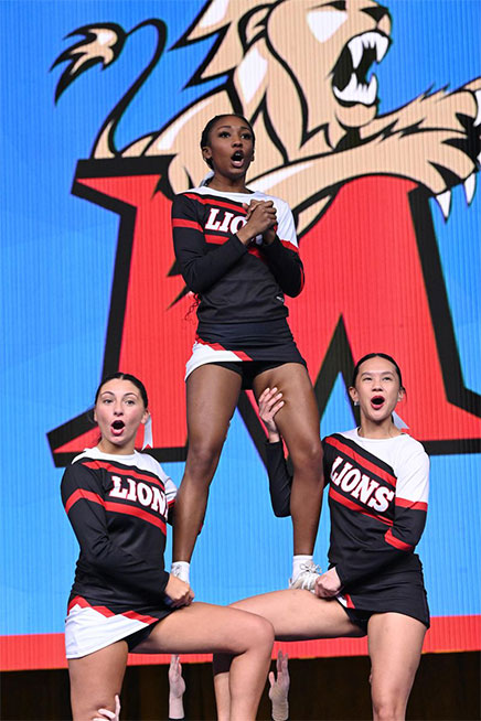 Molloy University Cheerleaders in black and red uniforms perform a lift, displaying excitement and focus. Molloy University logo is visible in the background.