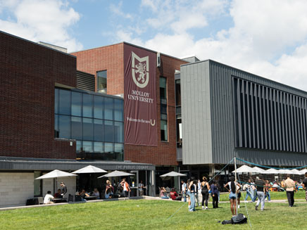 Students gather on a grassy area in front of Molloy University, with a large university banner displayed on the building under a partly cloudy sky.niversity banner.