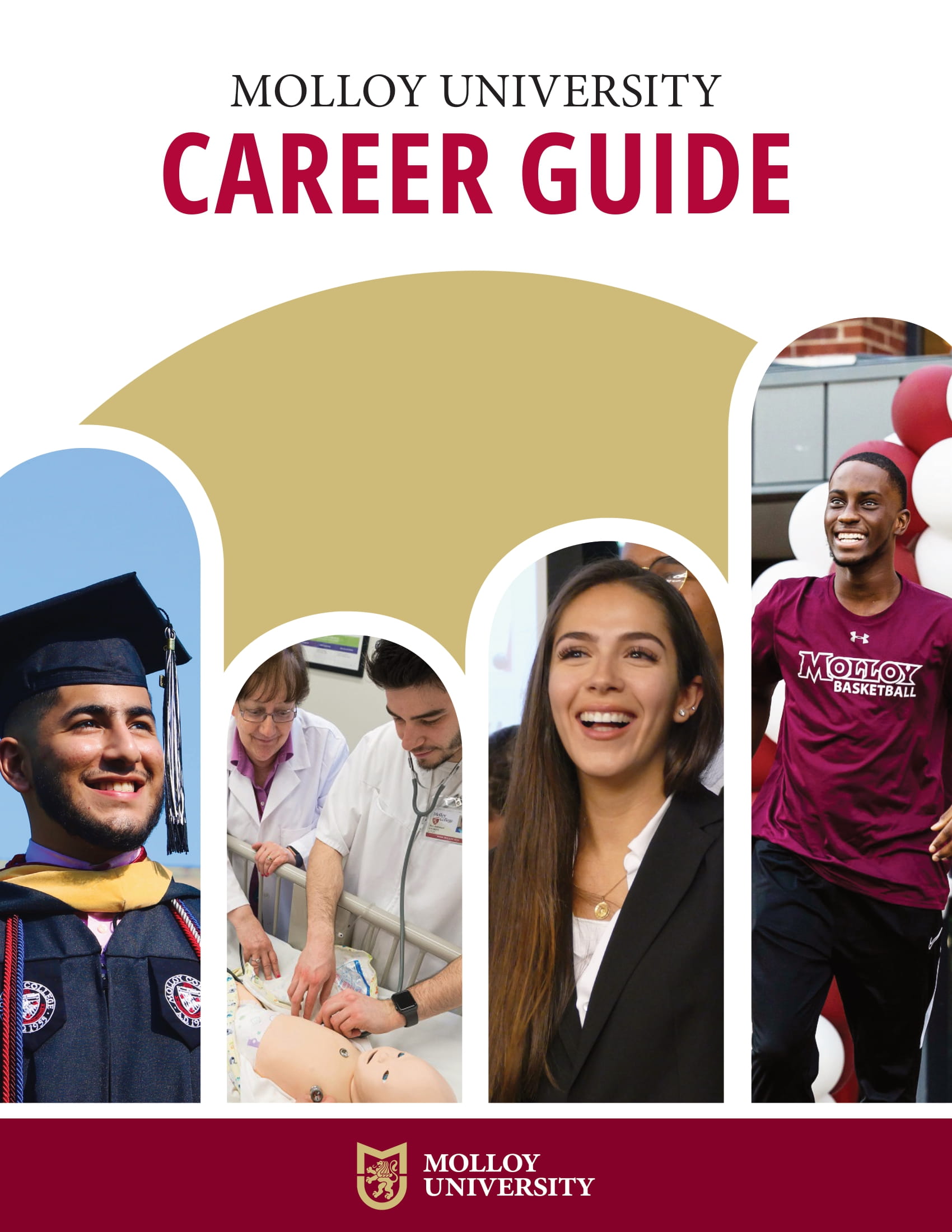 Molloy University Career Guide cover: features smiling graduate, students in medical training, a businesswoman, and a basketball player, conveying success.