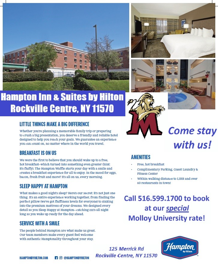 This flyer promotes the Hampton Inn & Suites by Hilton in Rockville Centre, NY, highlighting its amenities and a special rate for Molloy University visitors. The flyer has a mix of text, images, and branding elements.