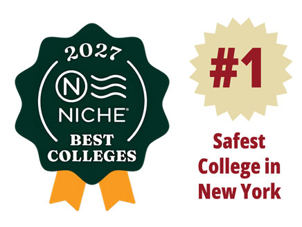 A badge design features an award emblem indicating that it is the "Best Colleges" in New York for 2027, highlighting safety and prestige with prominent text and symbols.