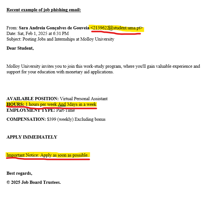 An email used as an example of what phishing scams look like. The email's origin is from a non-molloy email with grammatical typos in the body.