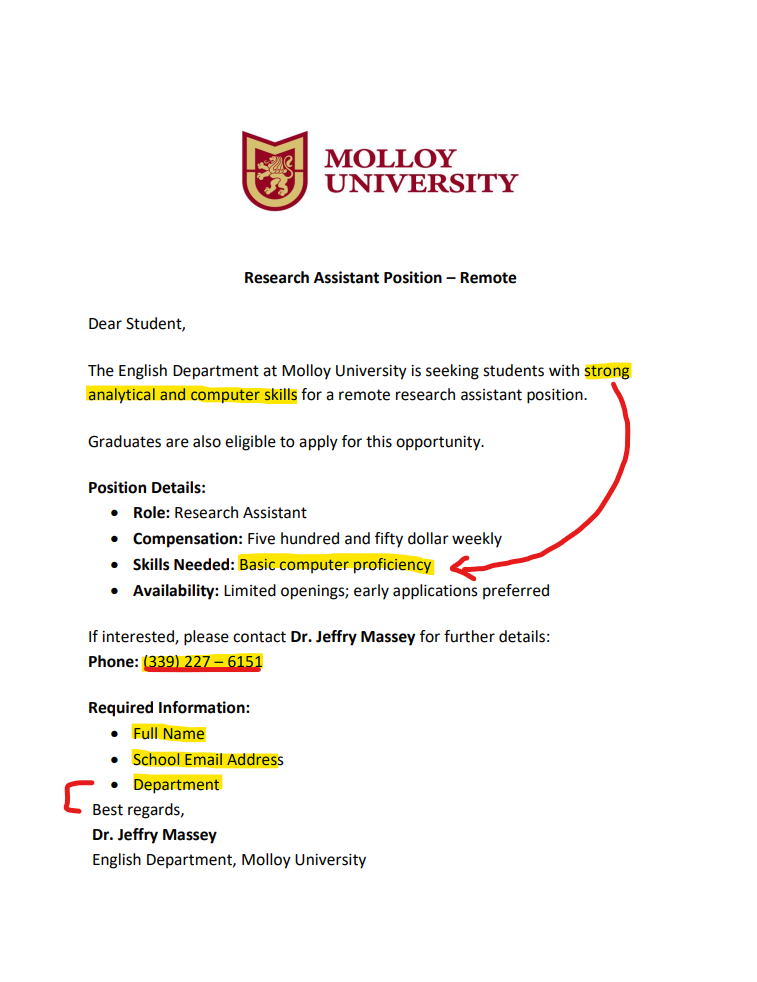 a job listing that is a phishing scam attempt