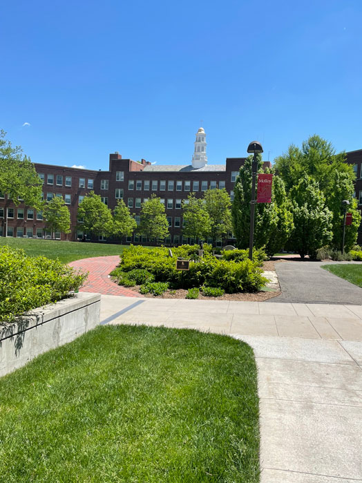 Molloy University's Kellenberg Hall and the walkway to the building