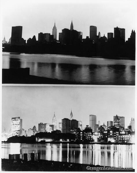 Photos of New York City skyline during blackout and same veiw with lights