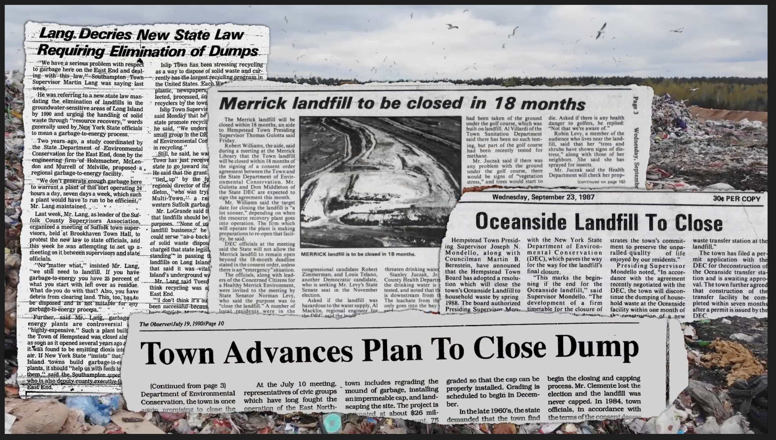 Collage of newspaper headlines about landfill closures on Long Island