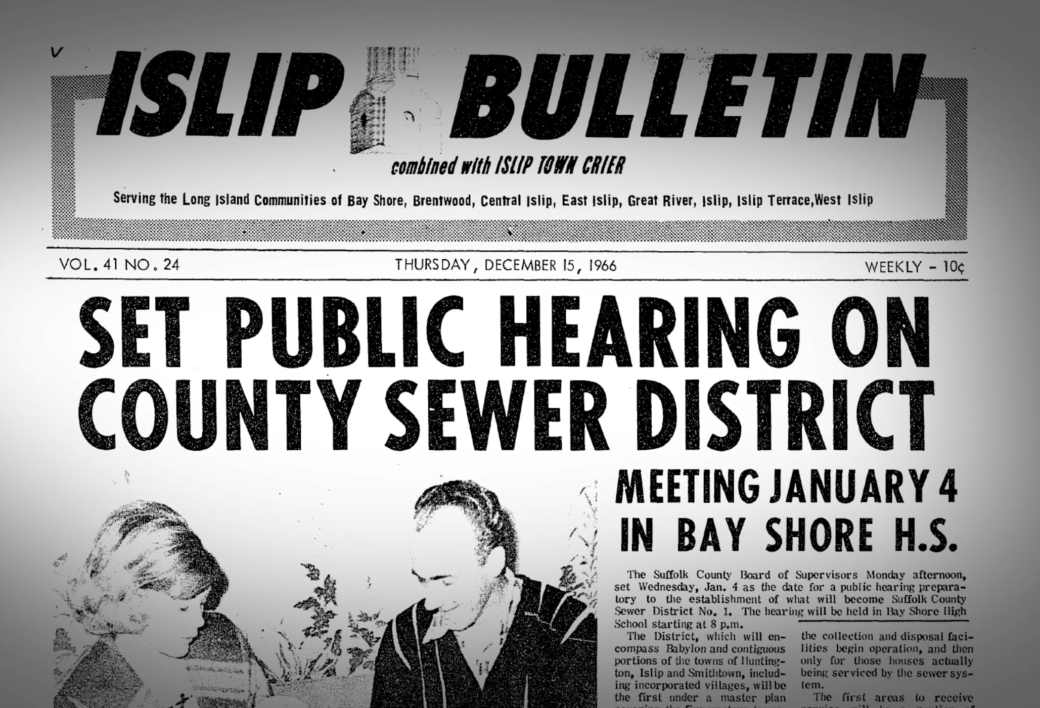 Front page of Islip Bulletin with headline "Set Public Hearing on County Sewer District"