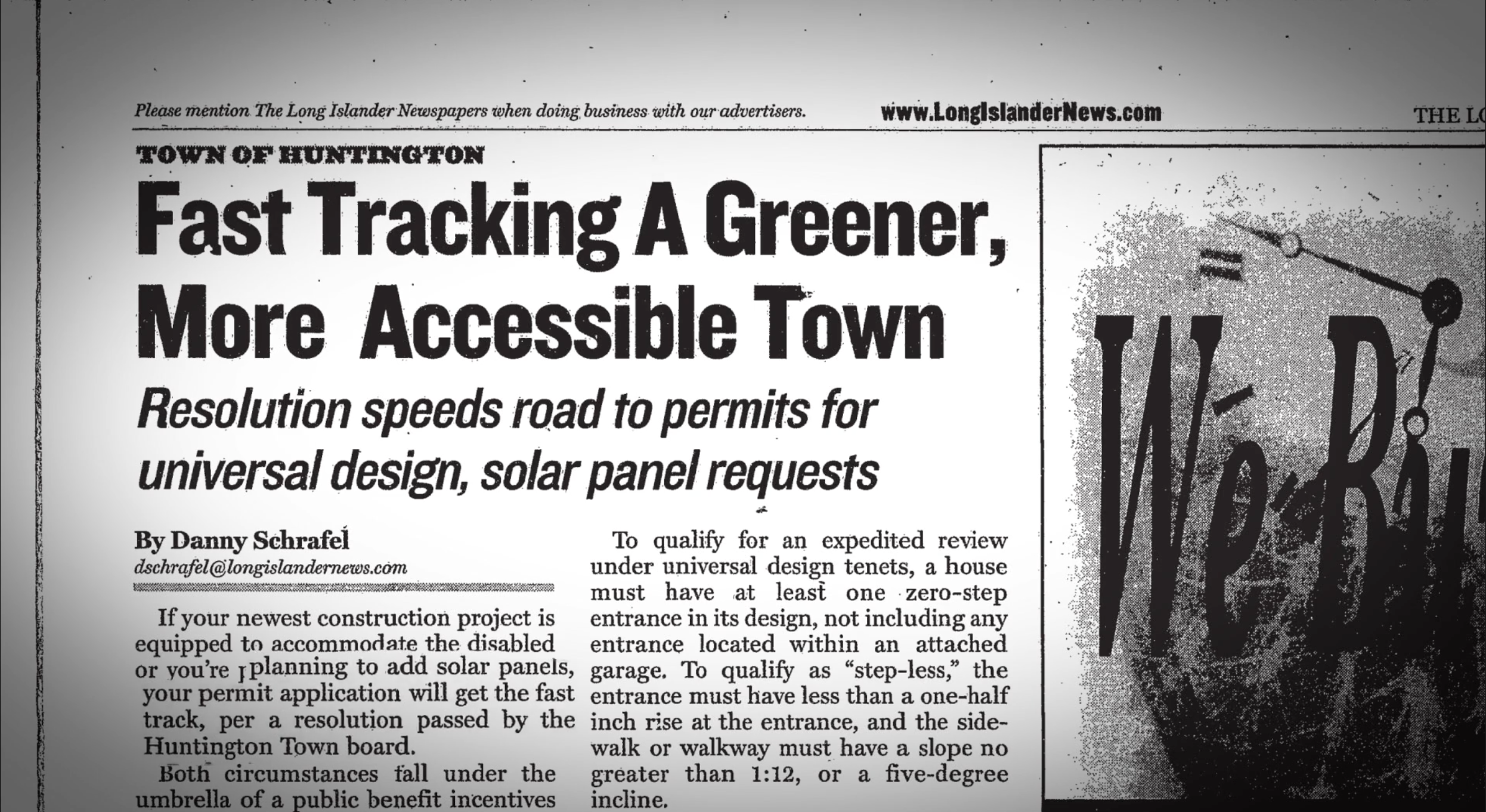 Newspaper headline "Fast Tracking a Greener, More Accessible Town"