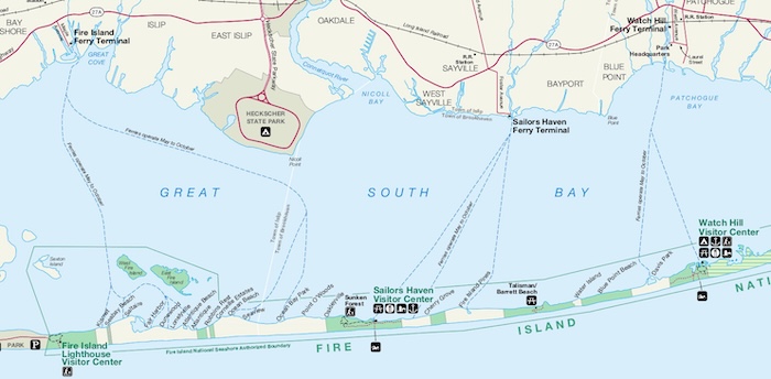 Map showing ferry routes to Fire Island