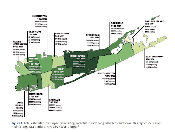 Map from LI Solar Roadmap report showing potential for low-impact solar PV in each town and city.