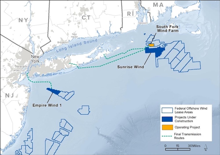 Map showing location of existing and planned offshore wind projects.