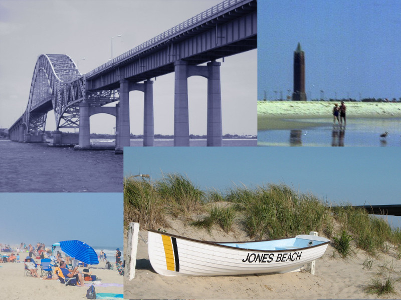 Collage of photos, including: Robert Moses Causeway, Fire Island Needle, crowd at Robert Moses State Park, Jones Beach rescue boat