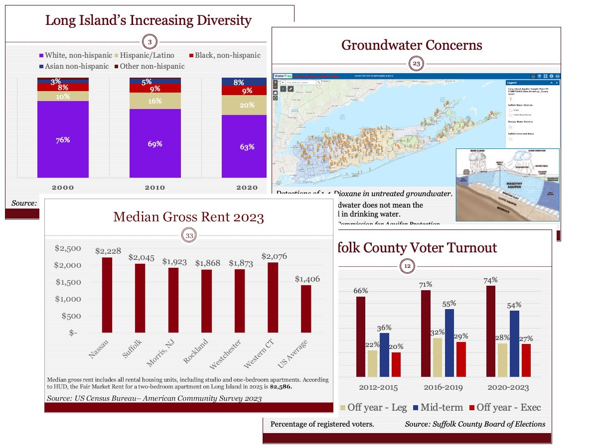 Selected pages from the Long Island by the Numbers presentation