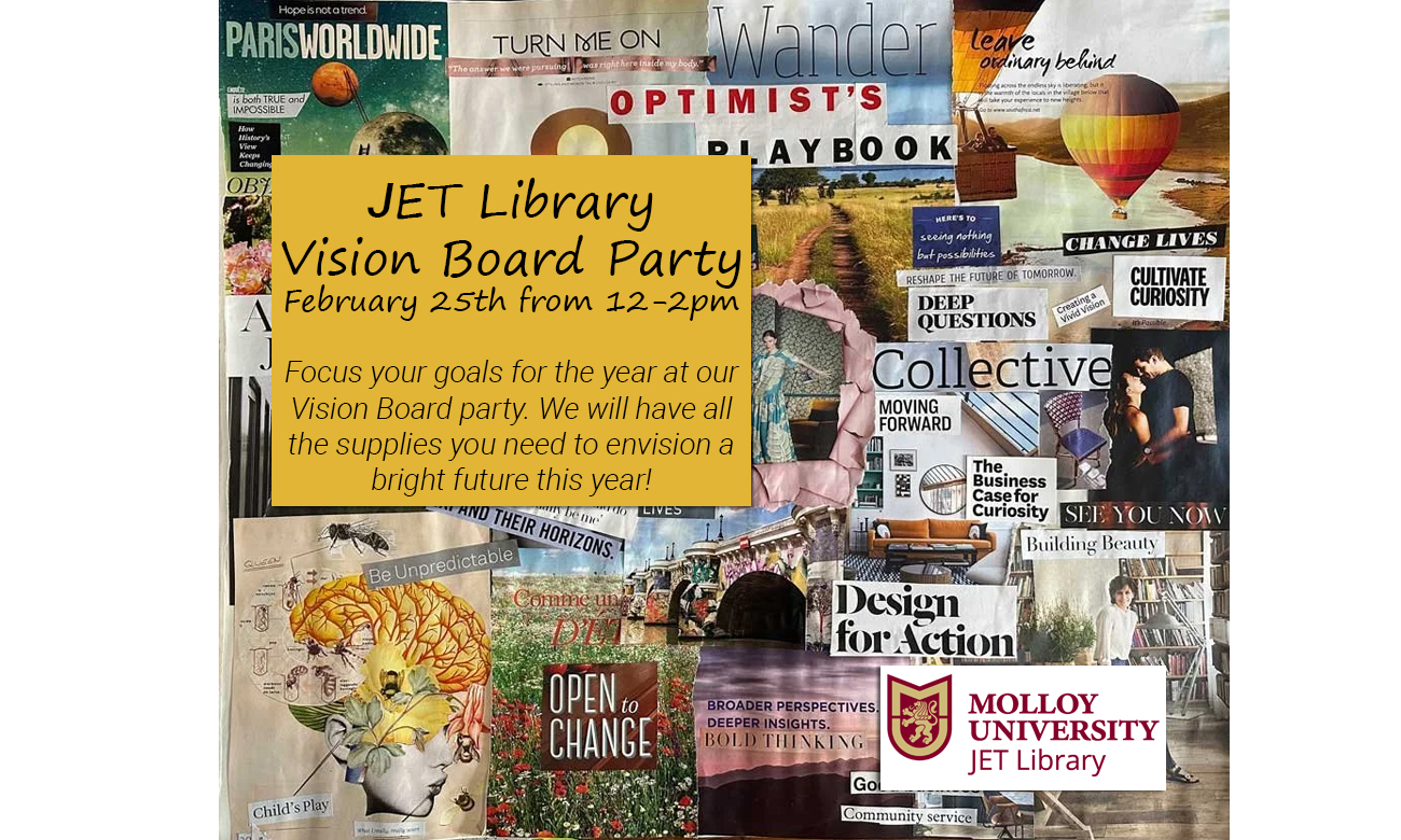 Advertisement for a vision board party at the JET Library