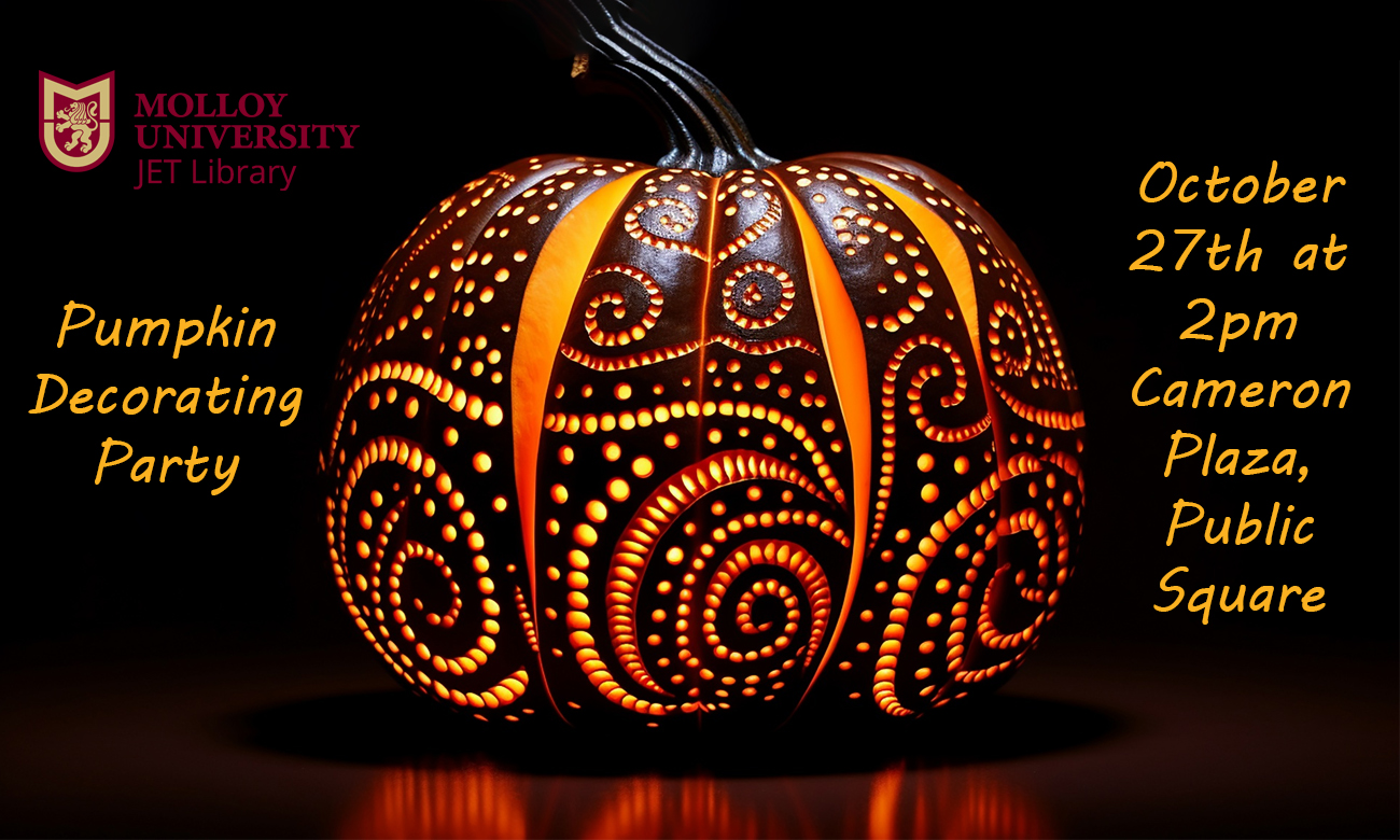 Flier advertising a pumpkin decorating party at the Public Square on October 27th, hosted by the JET Library