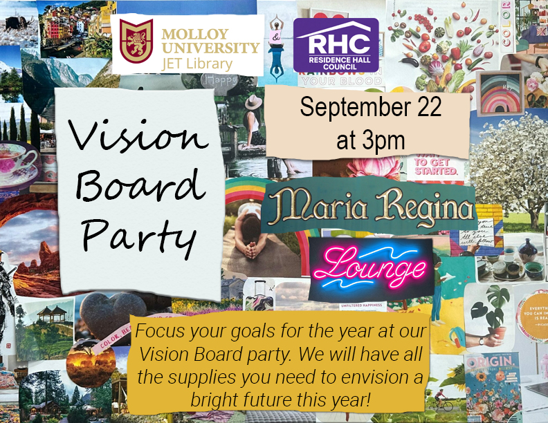 Flier advertising a vision board party on September 22nd hosted by the JET Library