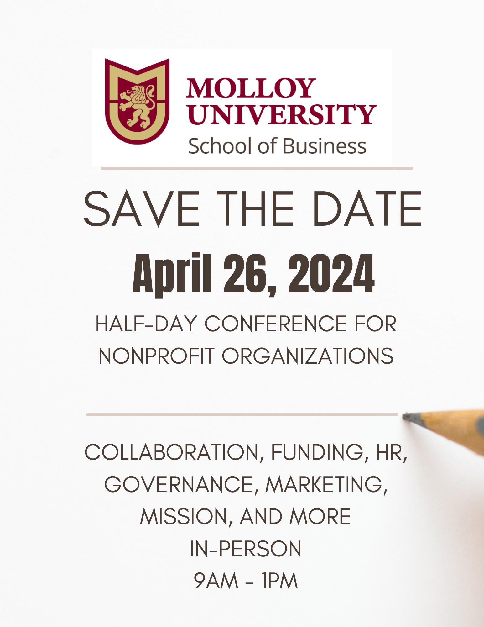 Save the Date: April 26, 2024 for a Half-day Conference for Nonprofits hosted at Molloy