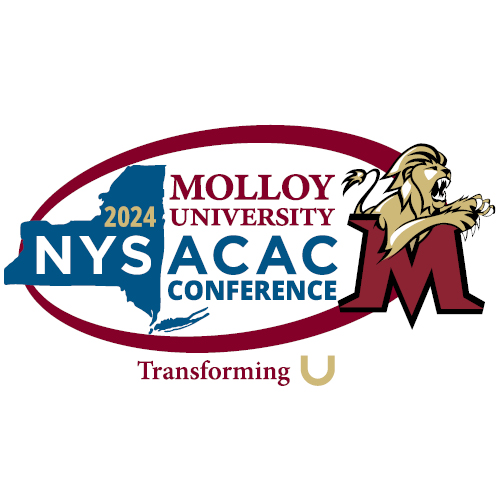 2024 NYSACAC conference logo featuring charging Molloy lion atop Maroon M and New York State silhouette in blue on white