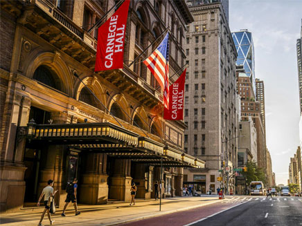 Front street view of Carnegie Hall in New York City